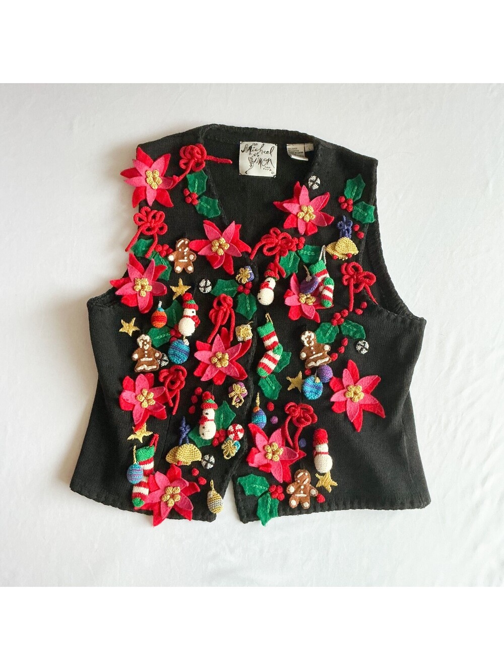 Michael Simon Vtg 1990s Christmas Party Vest Black Red Holiday Appliqué Size Lg